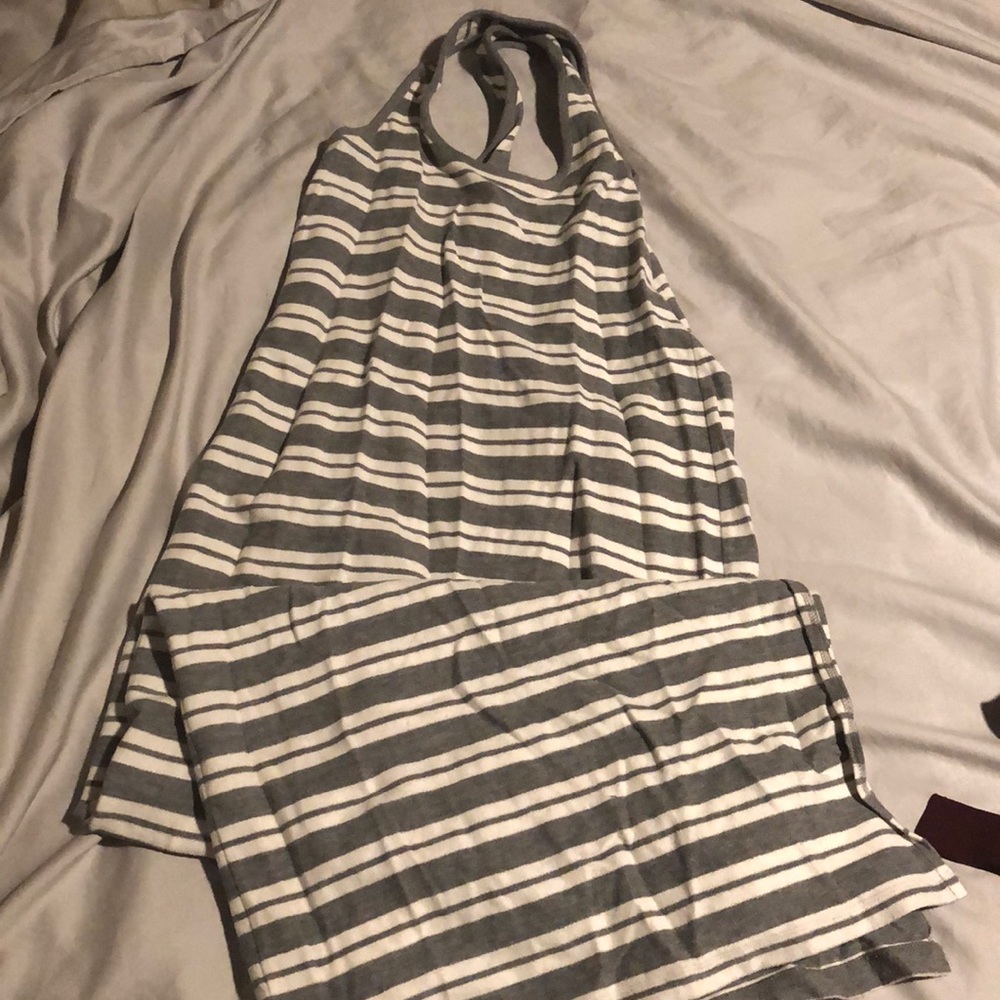 LOFT Long gray and white striped Ann Taylor dress